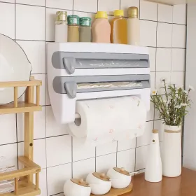 Kitchen Roll Dispenser Paper Roll Holder Plastic Wrap Film Foil Paper Organizer w/ Cutter Wall Mounted for Kitchen Bathroom (Option: GreyWhite)